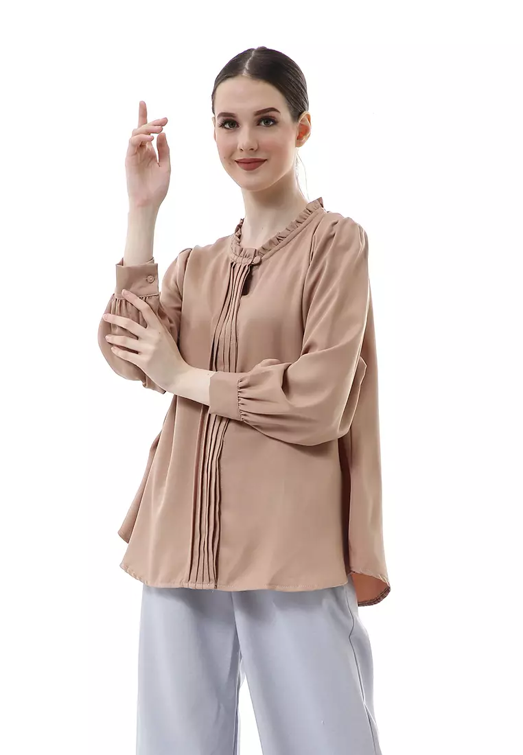 Vionka Kemeja Atasan Wanita Opnaisel Motif Polos - Capuccino