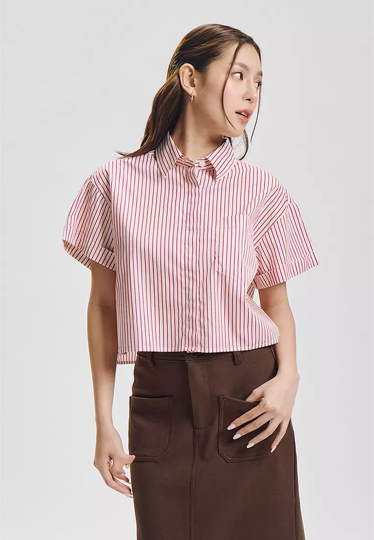 Stripes Cropped Short Sleeves Button Down Top