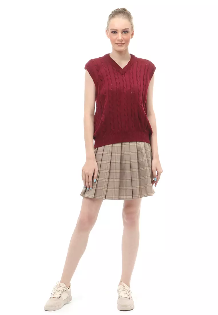 Urice Vest Rajut Atasan Wanita V-neck Sleeves Design Elegant - Maroon