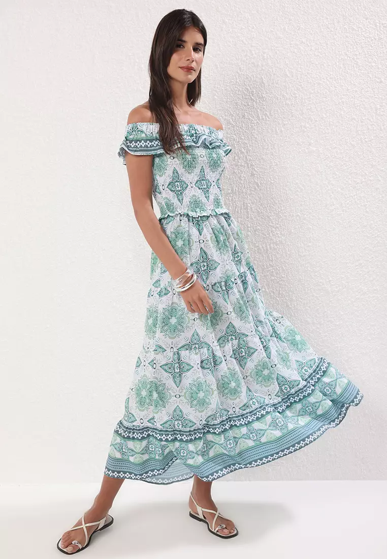 Green Floral A-Line Gipe Detail Maxi Woven Dress Twoss25El00195
