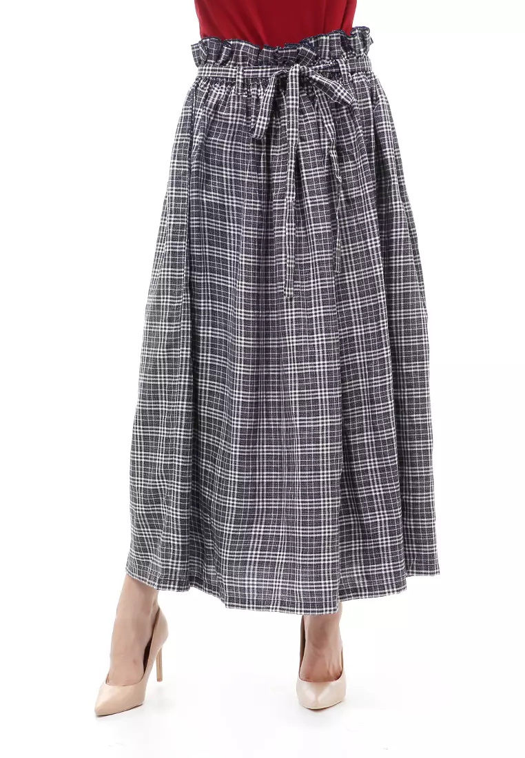 Amel Long Skirt Bawahan Wanita Motif Kotak-Kotak Regular Fit - Navy