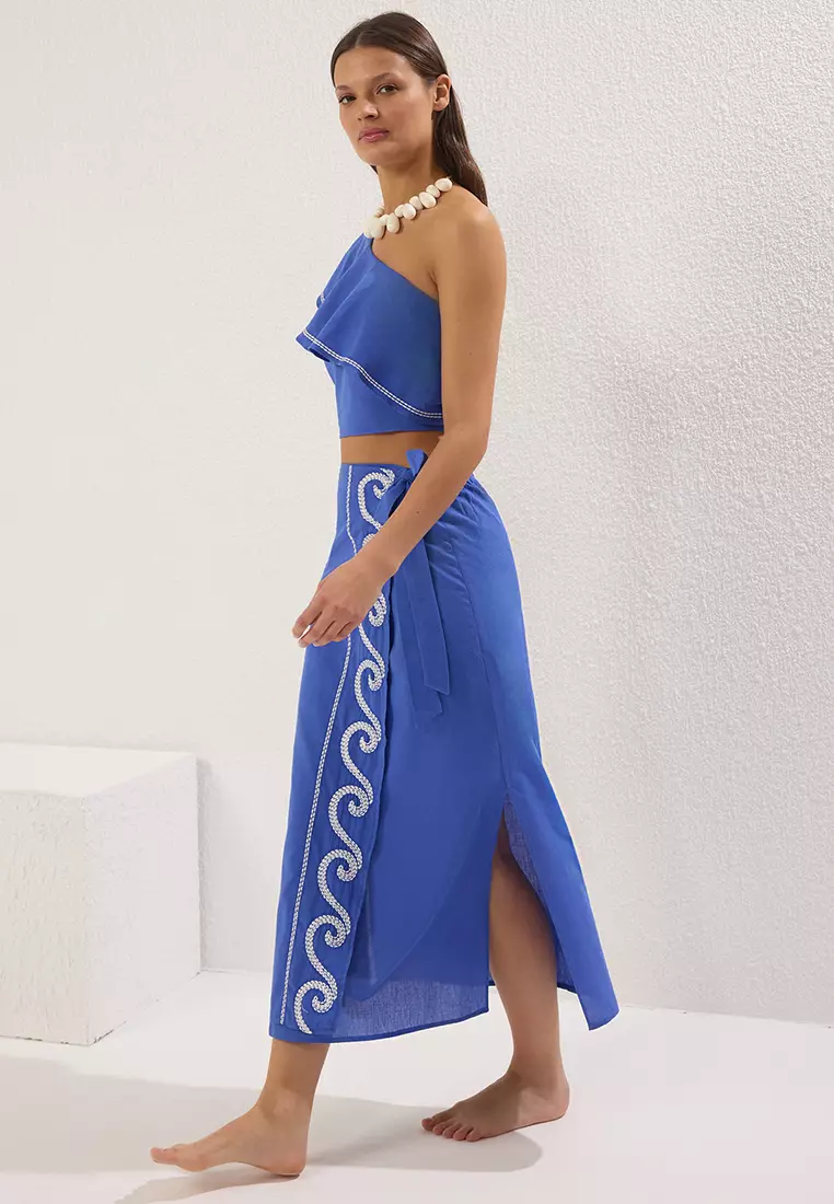 Saxon Woven Flounce One Shoulder 100% Cotton Blouse Skirt Beach Suit TBESS24AU00009