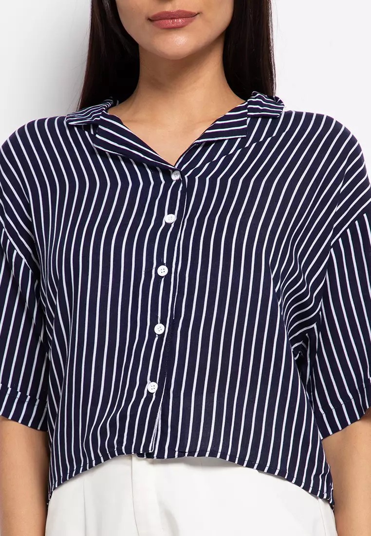 Nade Japan FT079 Kemeja pantai Wanita Kasual stripe navy