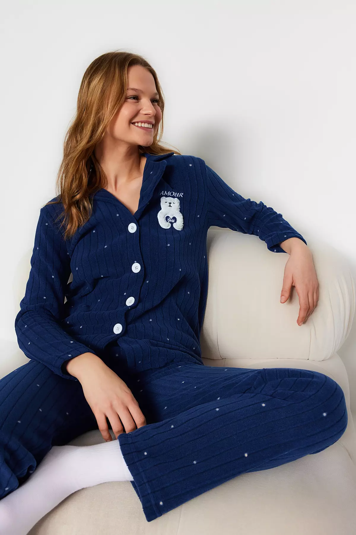 Animal Printed Navy Blue Fleece Pajamas Set