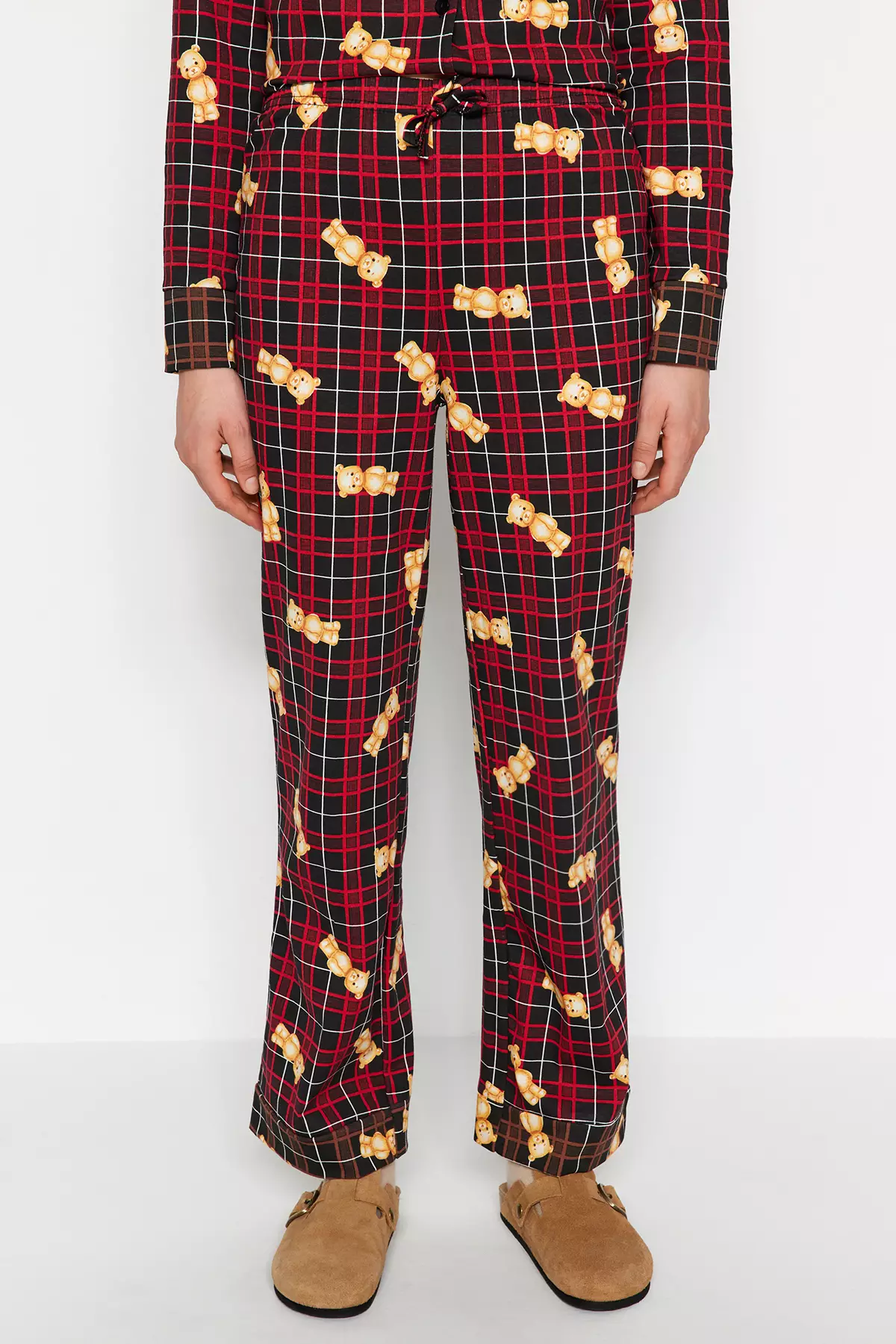 Multicolor 100% Cotton Teddy Bear Plaid Shirt-Pants Knitted Pajama Set