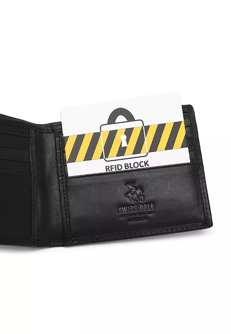 Leather RFID Bi-Fold Short Wallet - Black