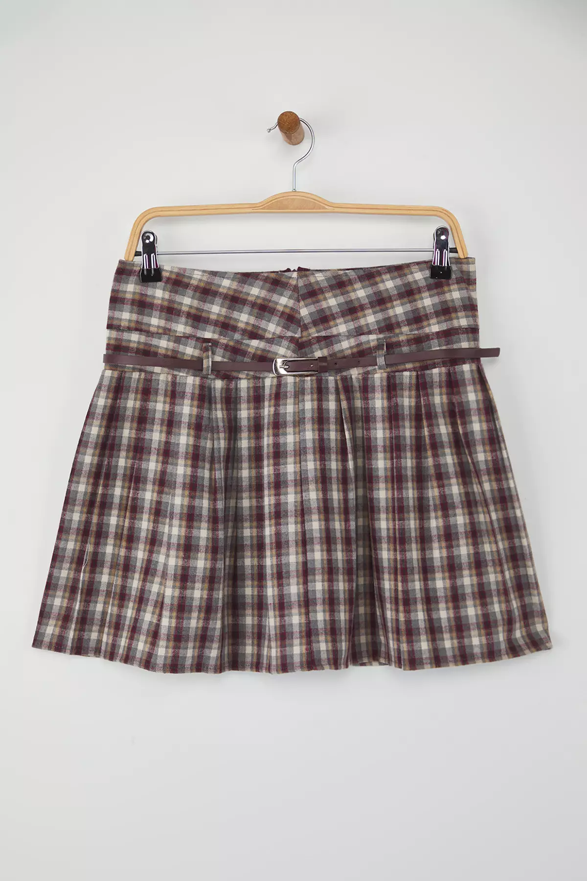 Teen Burgundy Belted Plaid/Checked Winter Mini Skirt Twoaw26Et00056