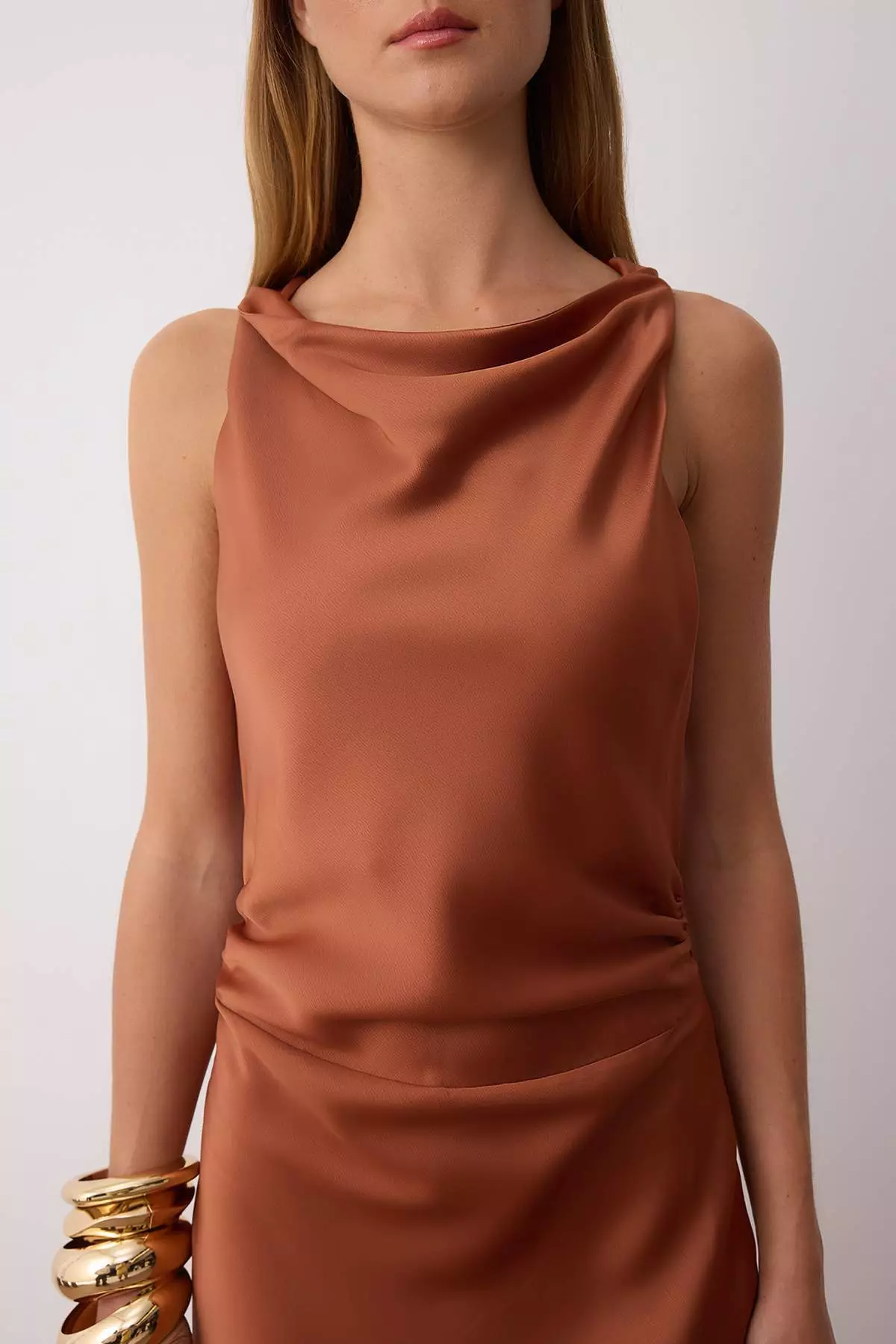 Brown Body Fitting Satin Maxi Evening Dress