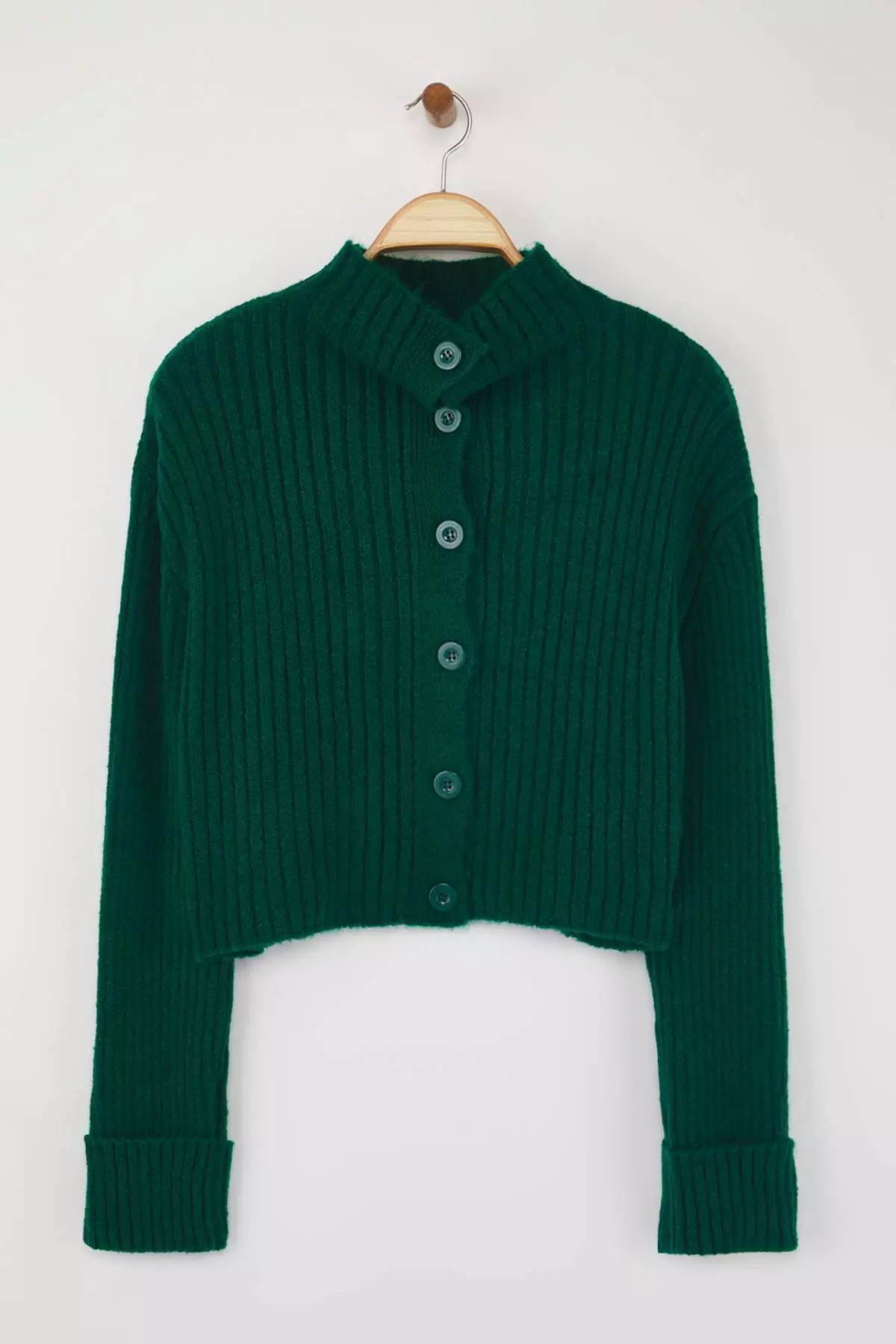 Emerald Green Crop Soft Textured Stand Collar Knitwear Cardigan