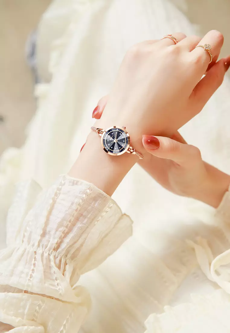 Jam Tangan Wanita Anti Air Gelang Gaya Berlian Tali Merenggang Jam Tangan Cewek Original rose blue