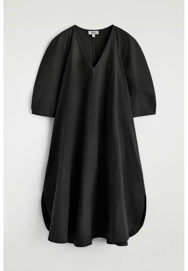 ROUNDED V-NECK COTTON MIDI DRESS