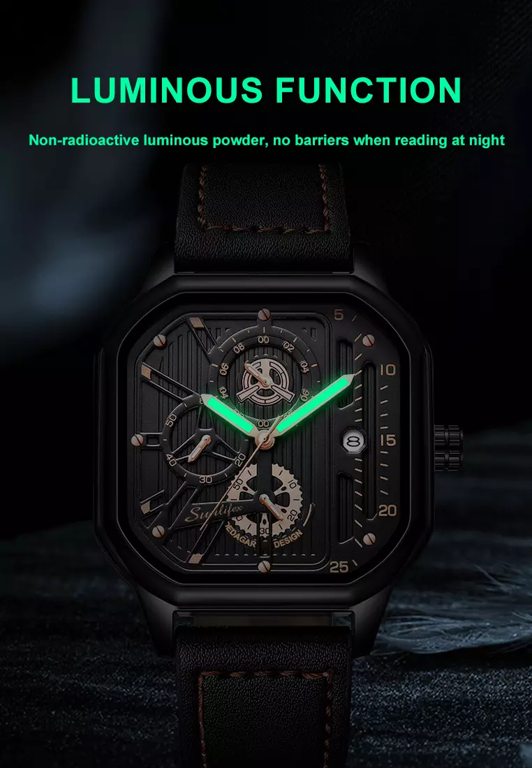 Jam Tangan Pria 9095 Kuarsa Olahraga Kasual Tali Kulit Pria Jam Tangan Cowok allblack