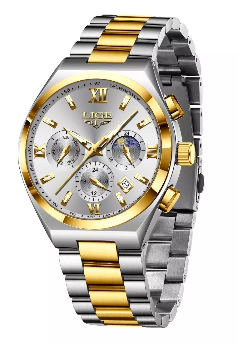 Chronograph Unisex Stainless Steel Quartz Watch 42mm, Silver dial, on Steel Bracelet