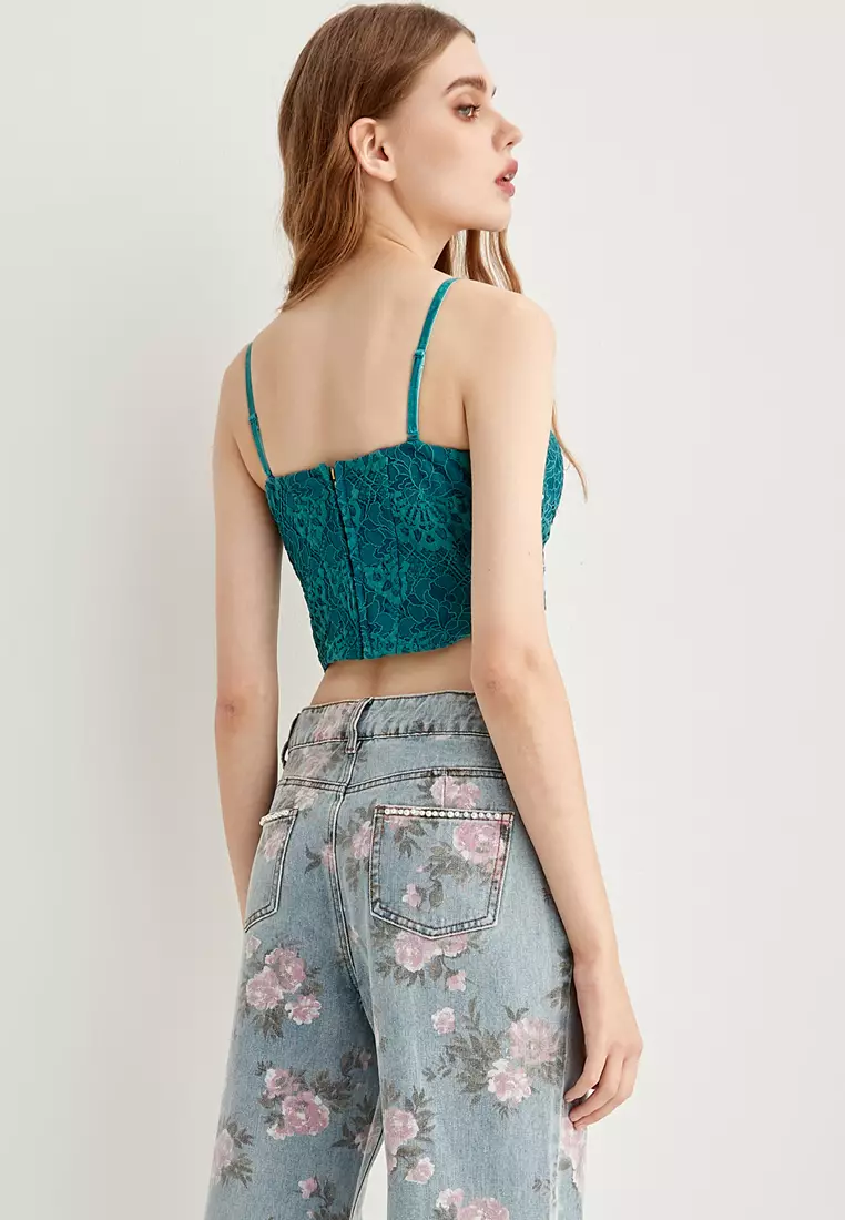 Teal Green Lace Corset Crop Tank Top