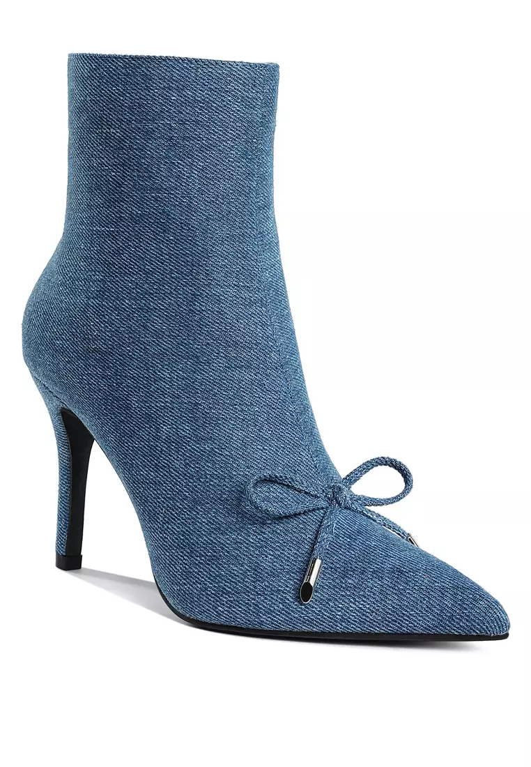 Bow Detail Denim Ankle Boots in Denim