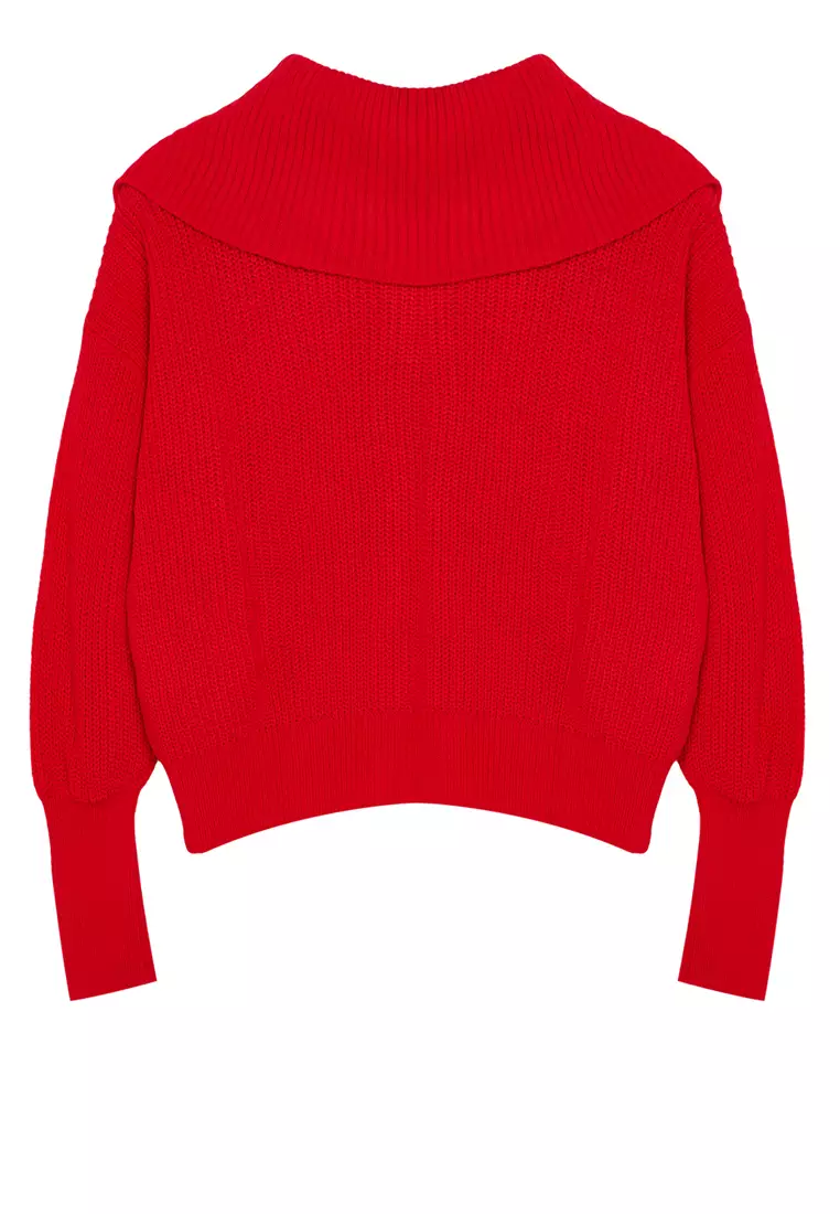 Red Wide Pattern Turn-down Collar Zippered Knitwear Cardigan TWOAW24HI00072