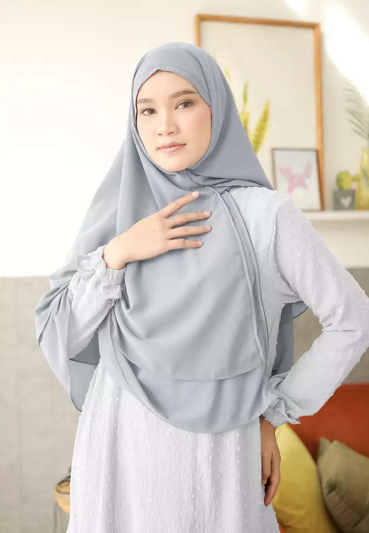 Anya Instan | Hijab Instan Resleting | Bergo Khimar Kerudung 2 Layer  - Metallic Grey