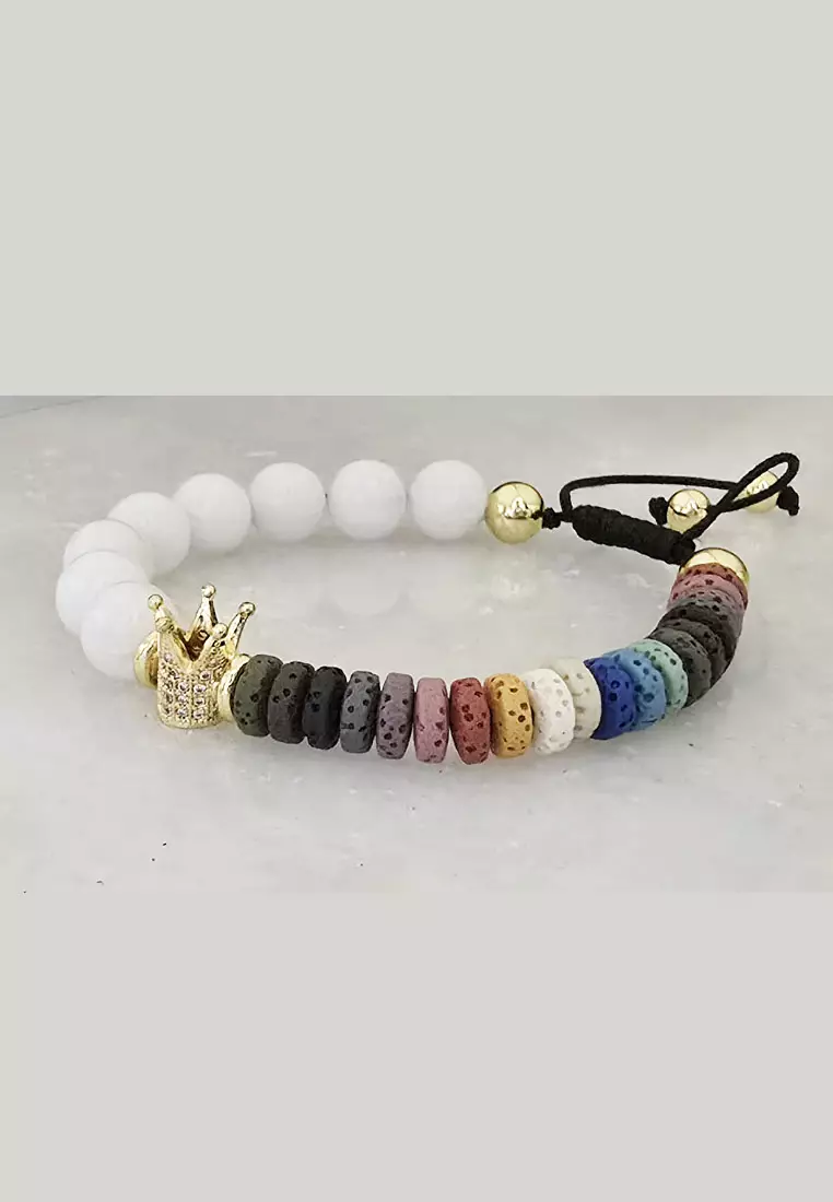 Accessories Wanita Crown Embellished Dyed Lava Beads Macrame Bracelet Gelang Wanita Gold, Multicolour & white