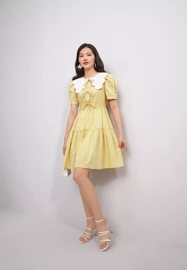 Contast Collar Tiered Mini Dress