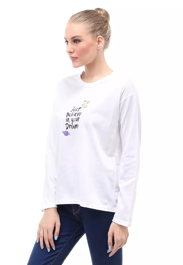 Heller Kaos Atasan Wanita Oversize Motif Print Short Sleeves Relaxed Fit - Lepan Putih