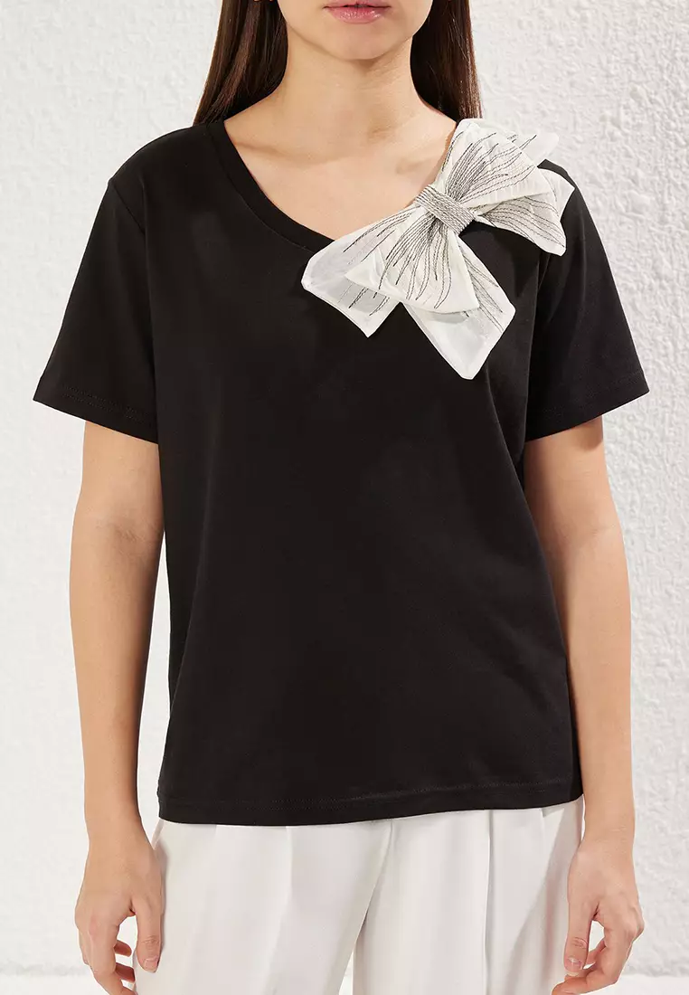 Black Bow Accessory Detail Oversize/Wide Pattern Knitted T-Shirt Twoss25Ts00044