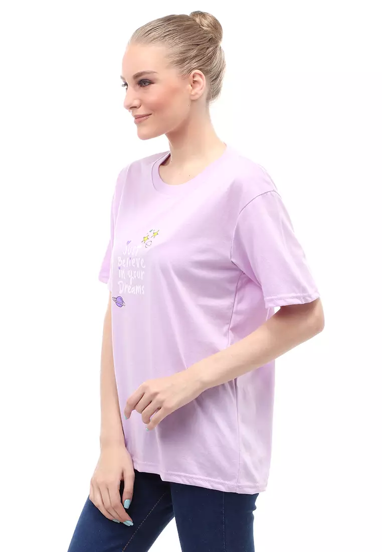 Heller Kaos Atasan Wanita Oversize Motif Print Short Sleeves Relaxed Fit - Lepen Lilac