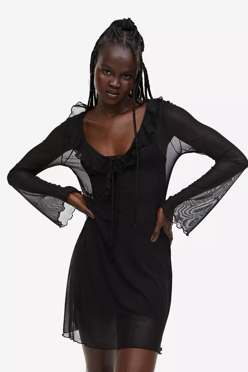 Flounce-trimmed mesh dress