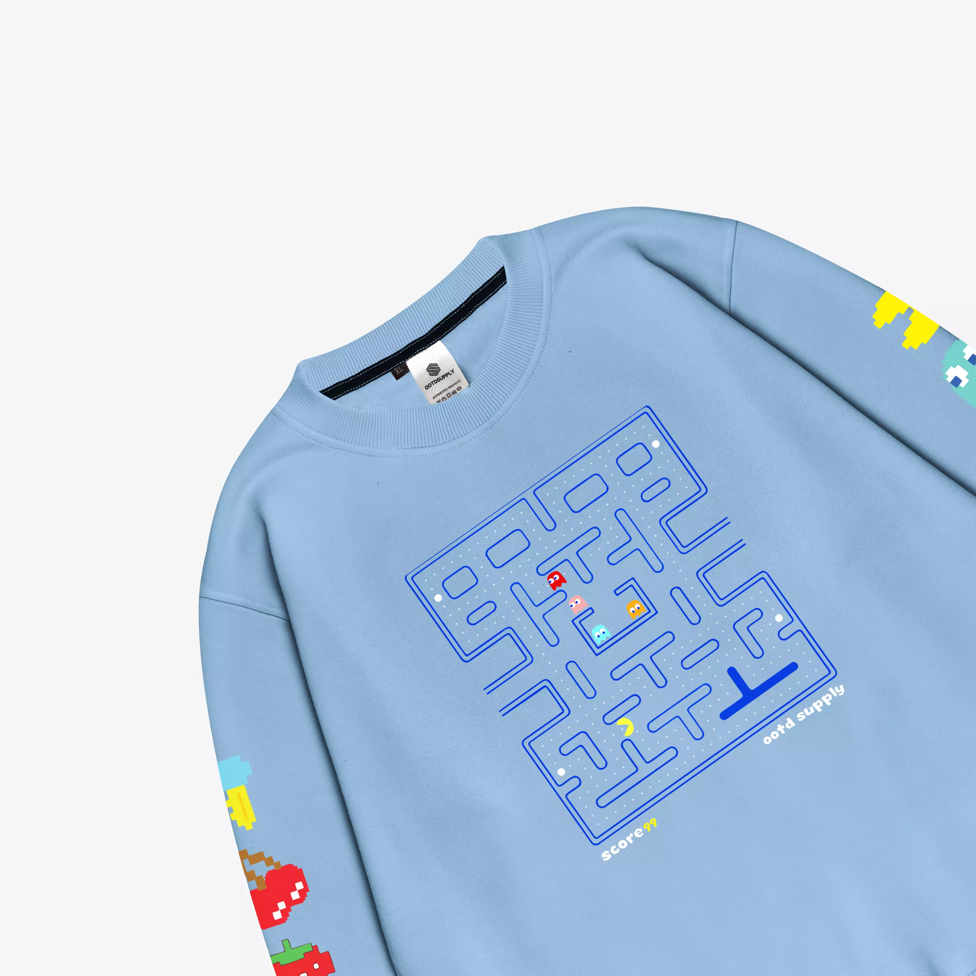 OOTDSUPPLY Crewneck Pac Man Black & Baby Blue | Sweater Pria & Wanita CN087