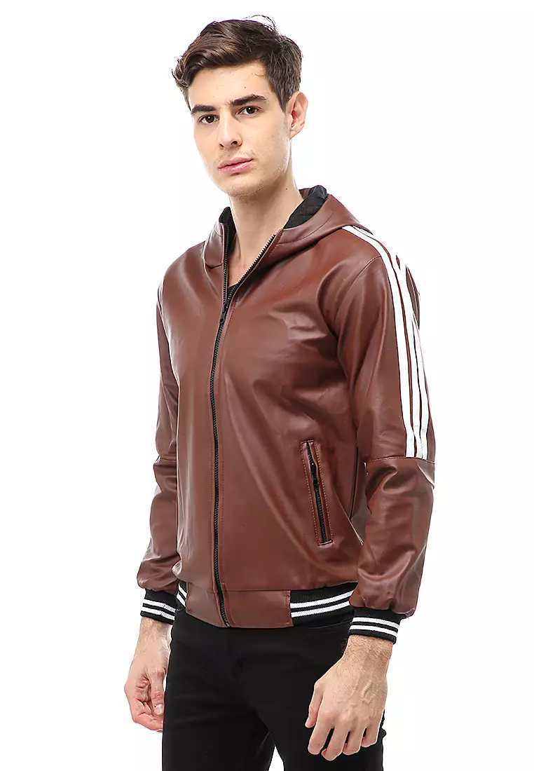 Halbert Outerwear Jaket Kulit Hoodie Pria Model List Material Leather ORIGINAL - Dark Brown