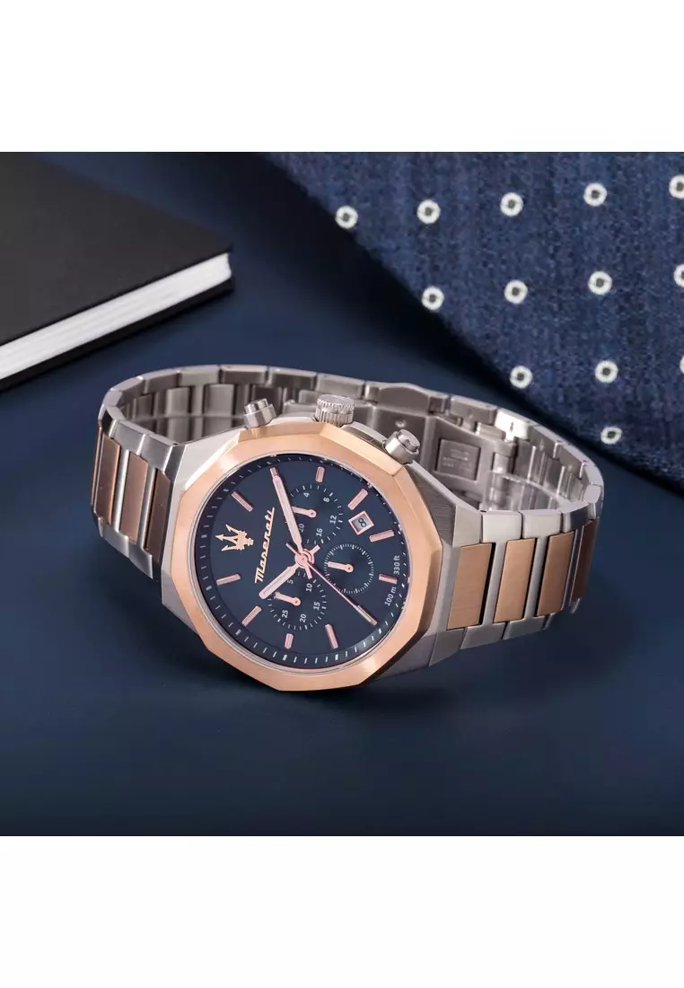 【2 Years Warranty】Maserati Stile 45mm Blue Sunray Dial Men's Chronograph Quartz Watch R8873642002 With Luminous Dial Hands