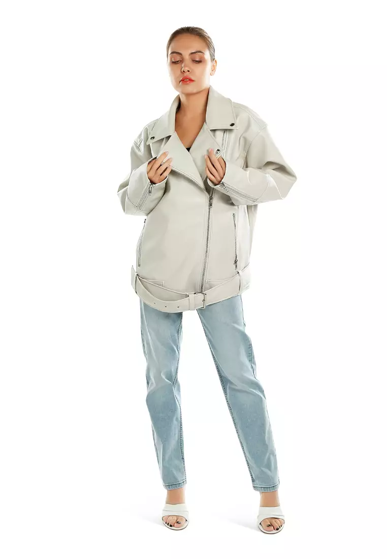 男女通用繫帶超大機車夾克，石色