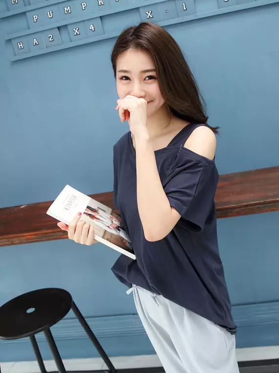 Buy OBSTYLE High Cotton Long Loose Asymmetrical Shoulder Cut Top