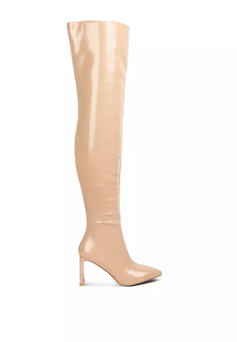 Discount on London Rag  shoes - SKU: Beige Patent Pu Statement Block Heel Long Boots