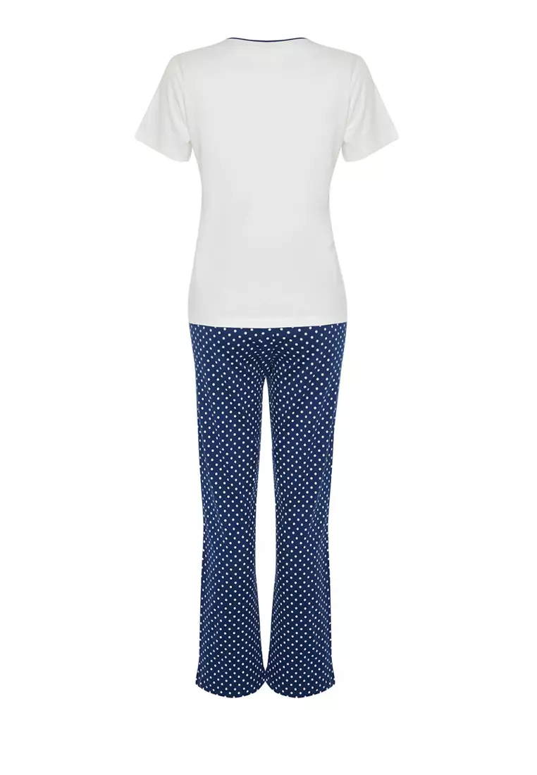 White-Multi Color Cotton Polka Dot Knitted Pajamas Set THMSS24PT00323