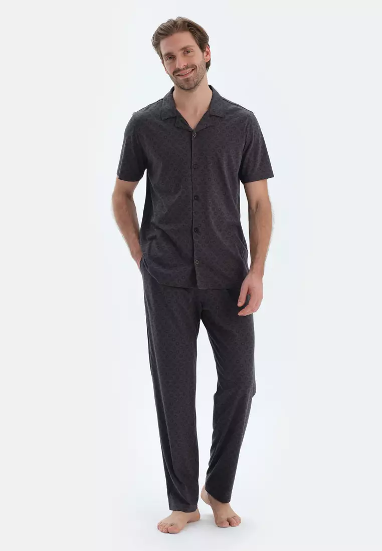 Anthracite Shirt & Trousers, Geometric Print, Shirt Collar, Short Sleeve Sleepwear for Men