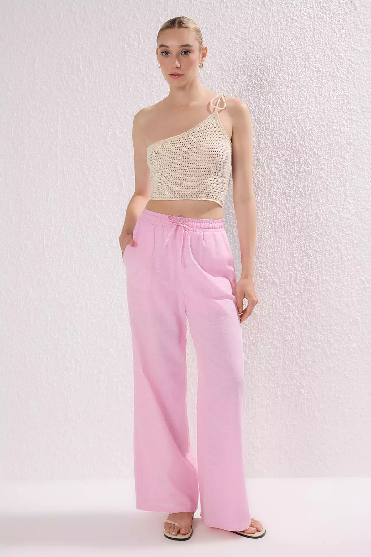 Light Pink Linen Look Wide Leg Shorts Lined Elastic Waist Pants