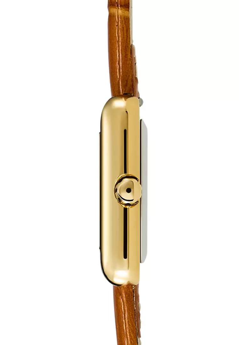 Retro 女士金色长方形手表22*29mm 簡約经典 真皮表帶 黑色指針 生活防水-金色 棕色