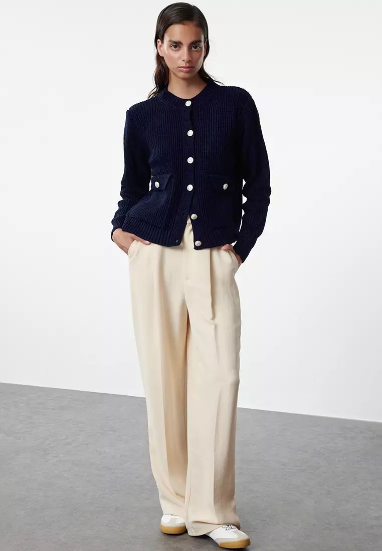 Navy Blue Crew Neck Jacket-Look Knitwear Cardigan TWOAW25HI00061