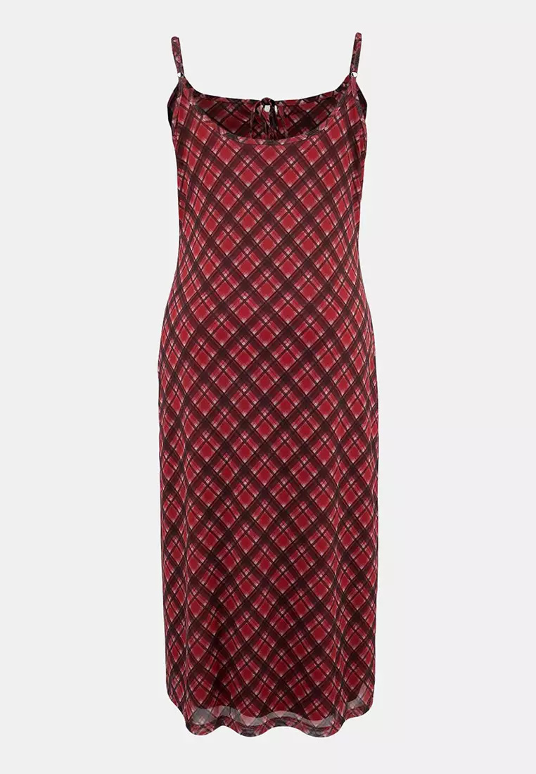 Teen Red Lacing Detailed Plaid Tulle Maxi Stretchy Knitted Plus Size Dress Tbbss26Ah00130