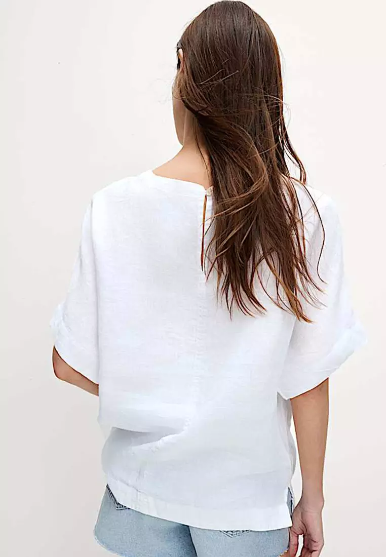Pure Linen Round Neck Relaxed Blouse