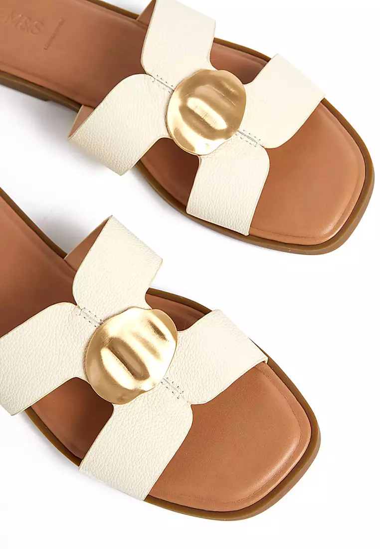 Leather Metal Trim Flat Open Toe Mules