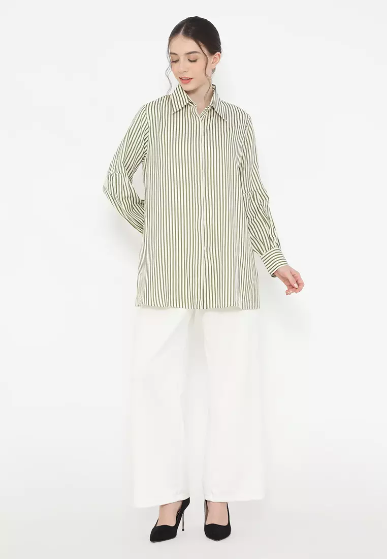 Shirt Long Sleeve Puffy Cream Striped Green Arlette By Brilliant Girl Warna Cream
