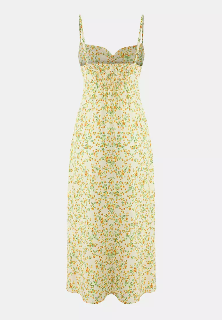 Yellow Floral Midi Woven Dress Tedss25El1