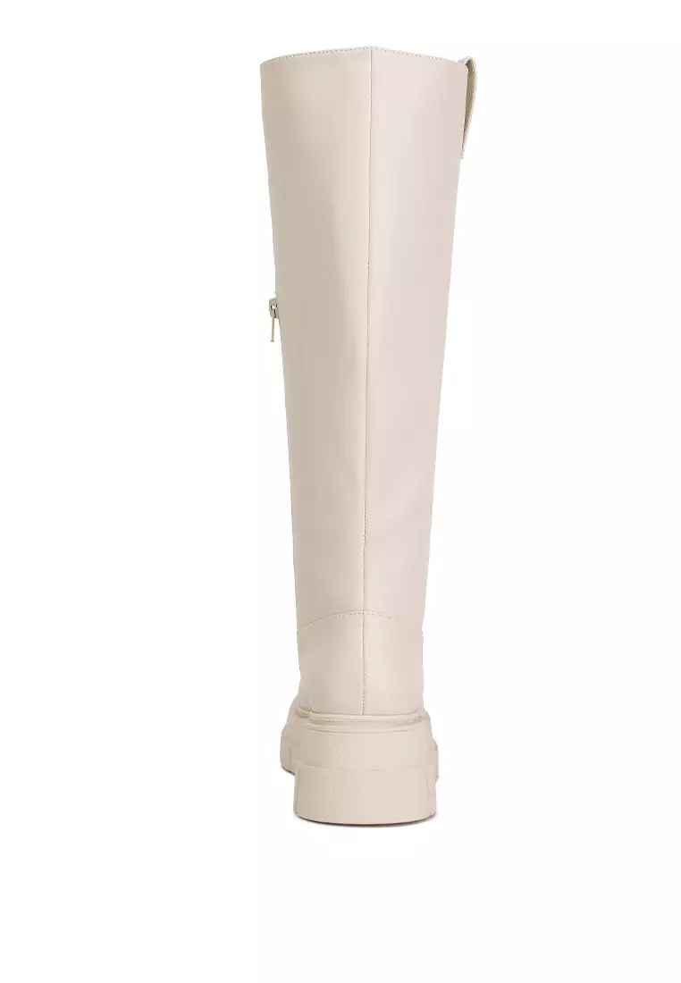 Ecru Faux Leather Chunky Platform Knee Length Boots
