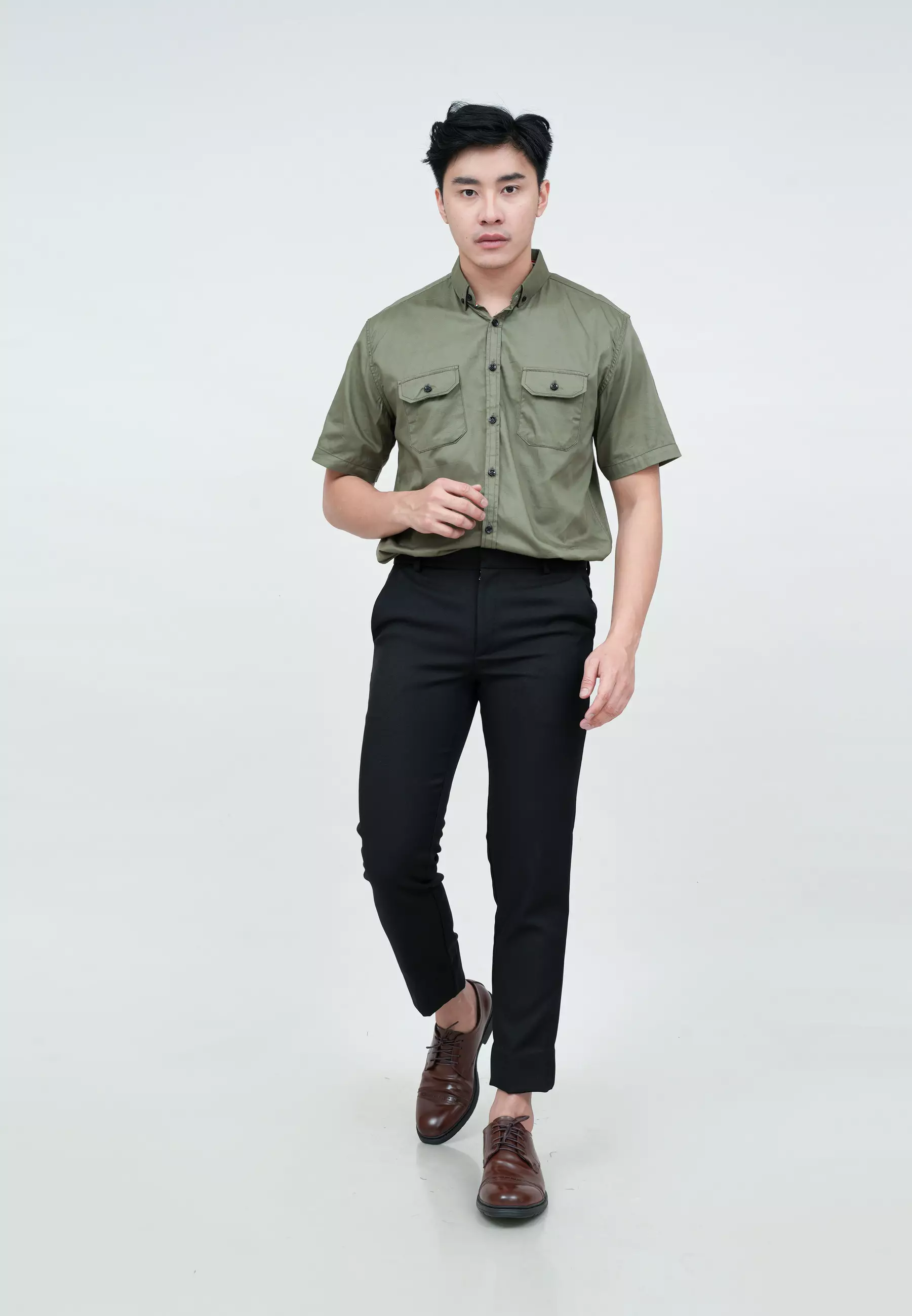 Houseofcuff Kemeja Lengan Pendek Pria Slim Fit Double Pocket Army