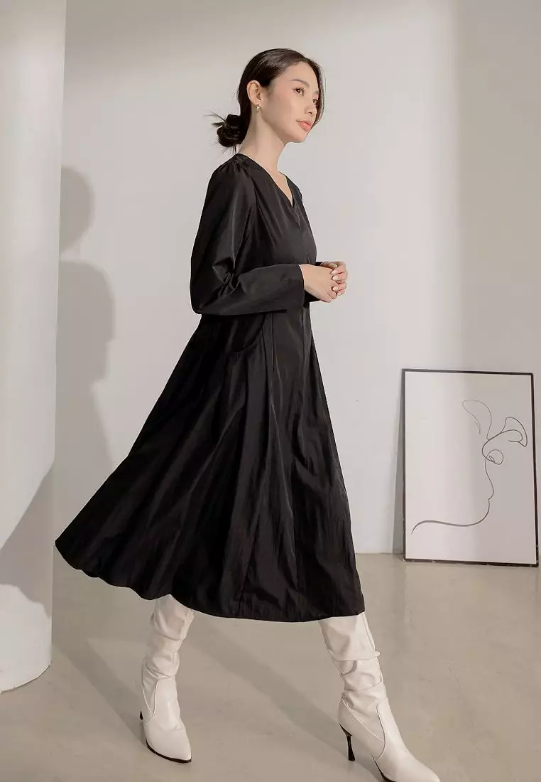V-Neck A-Line Midi Dress with Waist Tie and Pockets [DA10269]