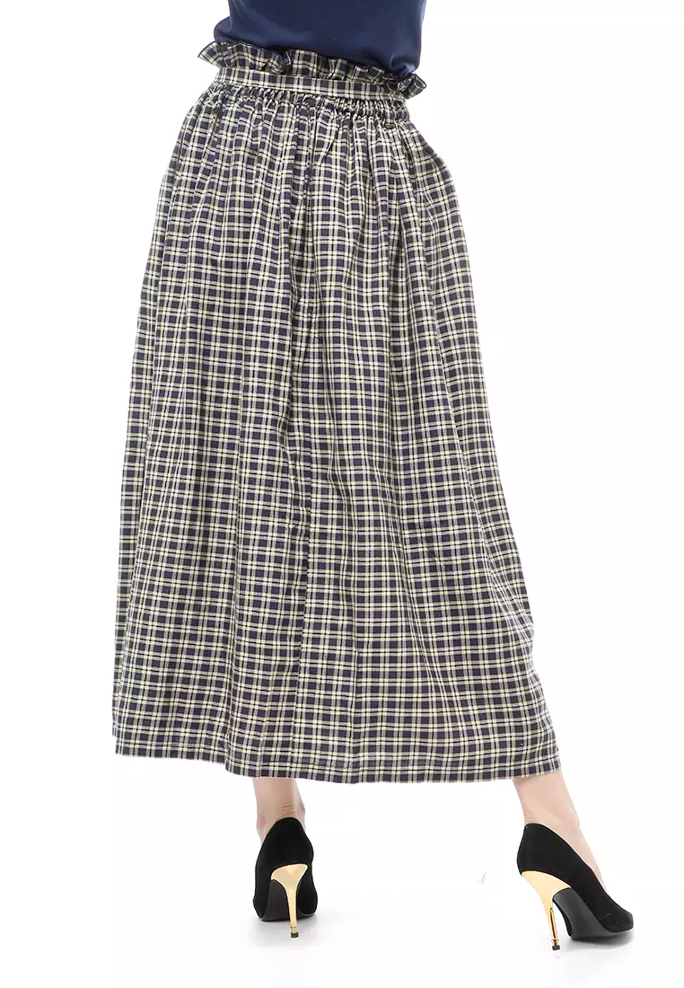 Amel Long Skirt Bawahan Wanita Motif Kotak-Kotak Regular Fit - D Blue