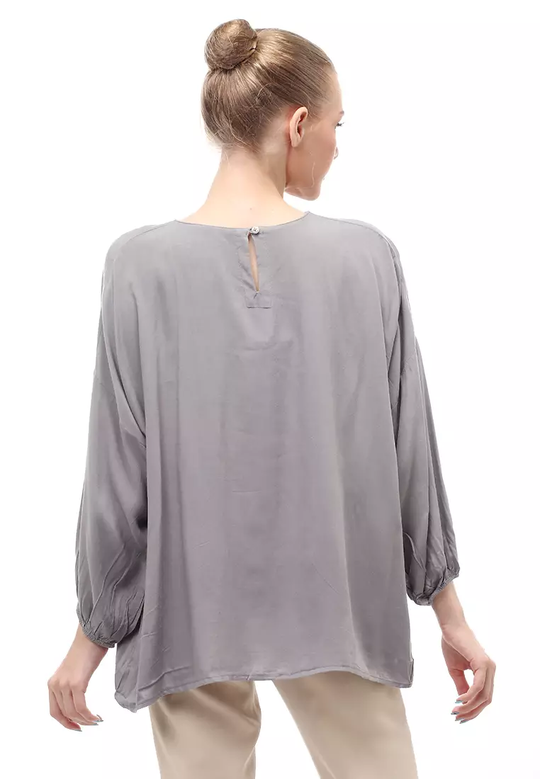 Glory Blouse Oversize Long Sleeves Atasan Wanita Design Simple Motif Polos Relaxed Fit - Grey