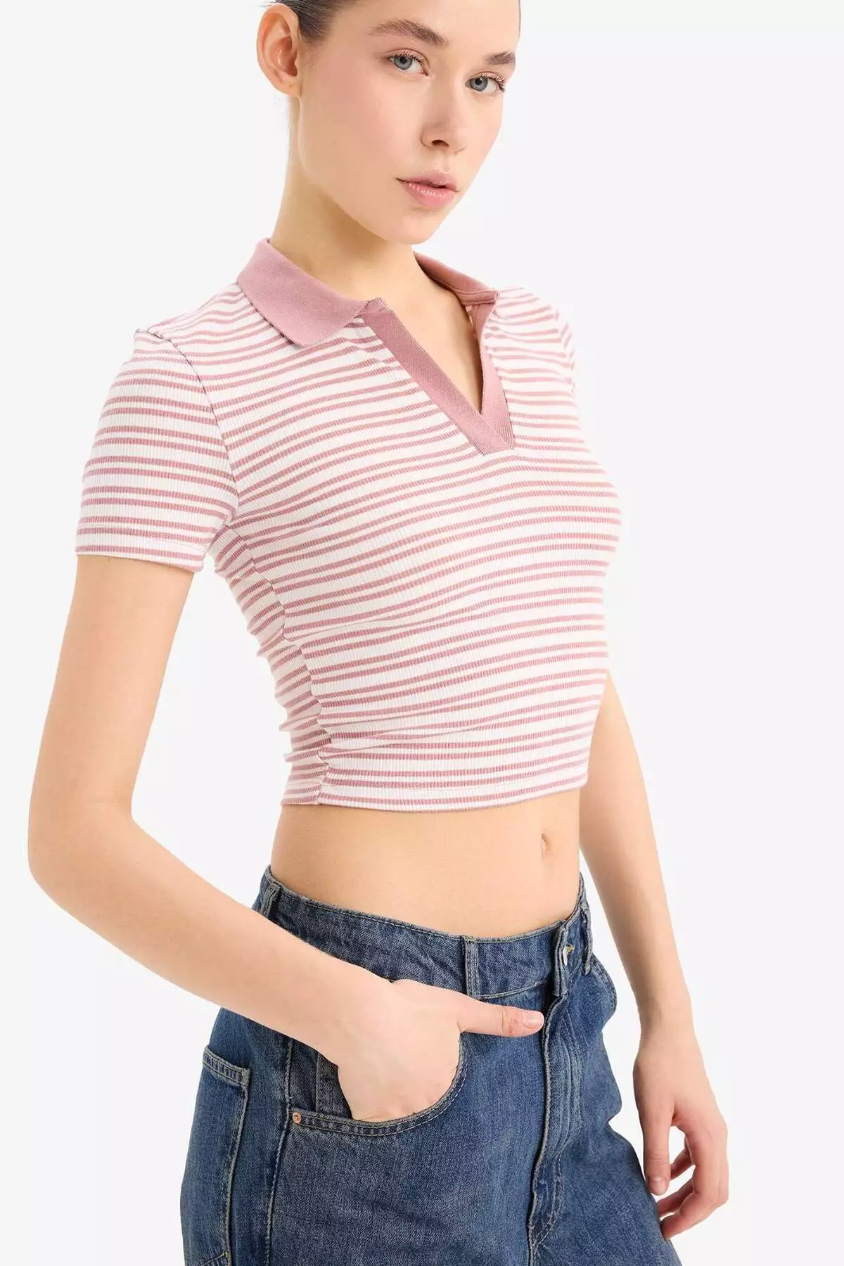 Fitted Polo Neck Striped Twill Camisole Short Sleeve T-Shirt E7907Ax25Sm