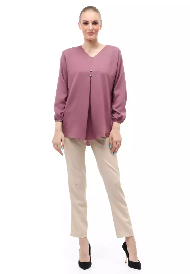 Mitzi Blouse Wanita Kerah V-neck Motif Solid Aksen Kancing Design Casual - Taro